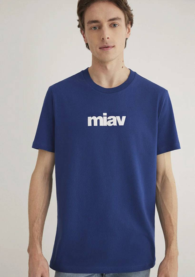 Resim Mavi Miav Baskılı Tişört Koyu Saks Mavi Erkek T-Shirt M067153-70722