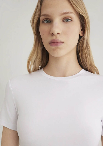 Resim Mavi Yuvarlak Yaka Basıc Kadın T-Shirt M1600963-620