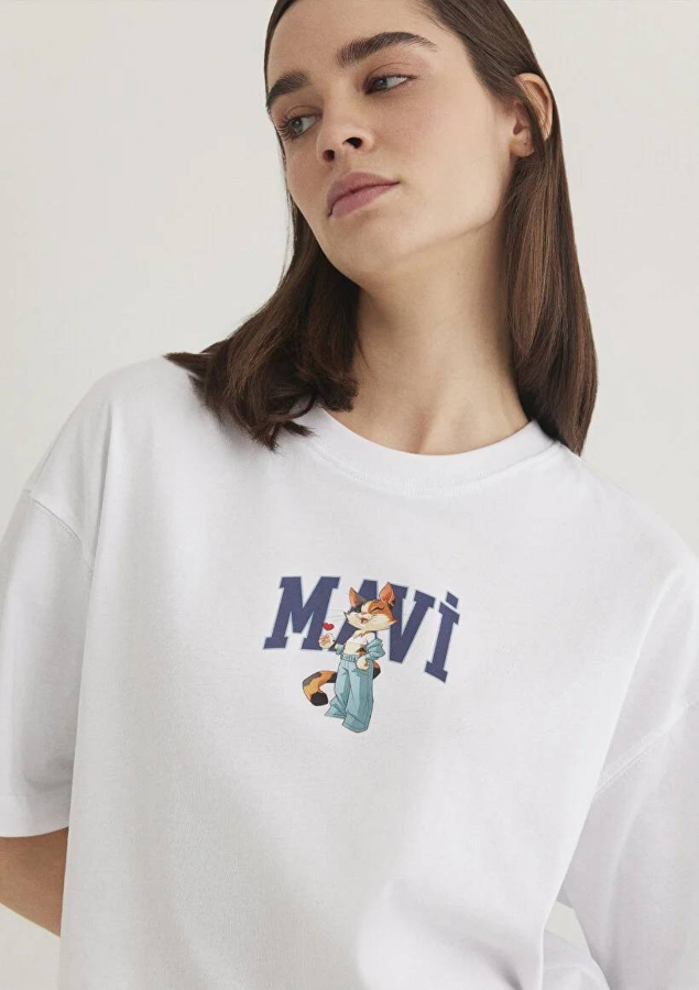 Resim Mavi Kedi Logo Baskılı Kadın T-Shirt M1613284-620