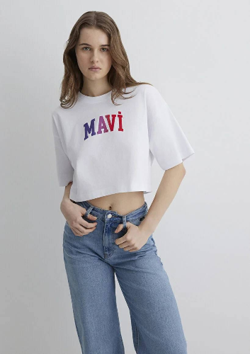 Resim Mavi Crop Kadın  T-shirt M1612516-620