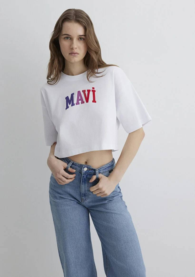Resim Mavi Crop Kadın  T-shirt M1612516-620