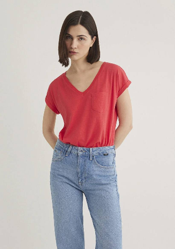 Resim Mavi V Yaka Basıc Kadın T-Shirt M1600961-71083