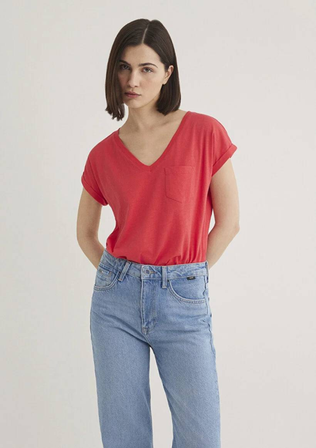 Resim Mavi V Yaka Basıc Kadın T-Shirt M1600961-71083