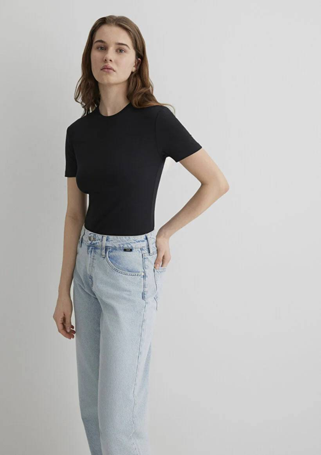Resim Mavi Yuvarlak Yaka Basıc Kadın T-Shirt M1600963-900