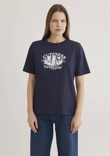 Resim Mavi Kedi Baskılı Grafik Kadın T-Shirt M1612944-84371