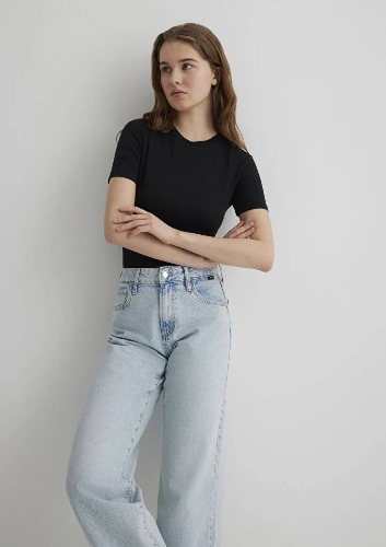 Resim Mavi Yuvarlak Yaka Basıc Kadın T-Shirt M1600963-900