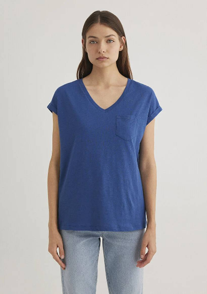 Resim Mavi V Yaka Basıc Kadın T-Shirt M1600961-30808