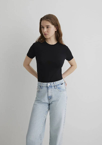 Resim Mavi Yuvarlak Yaka Basıc Kadın T-Shirt M1600963-900