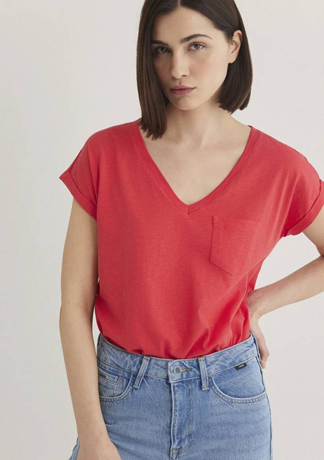 Resim Mavi V Yaka Basıc Kadın T-Shirt M1600961-71083