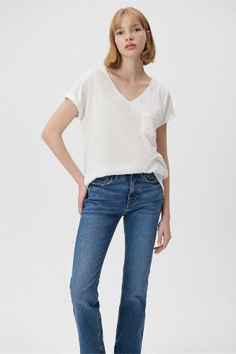 Resim Mavi V Yaka Basıc Kadın T-Shirt M1600961-620