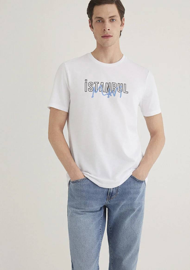 Resim Mavi Erkek İstanbul Baskılı T-Shirt M067114-620