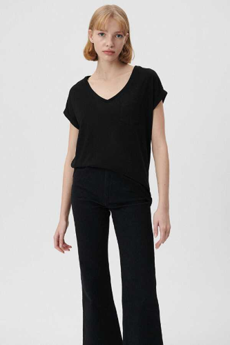 Resim Mavi V Yaka Basıc Kadın T-Shirt M1600961-900