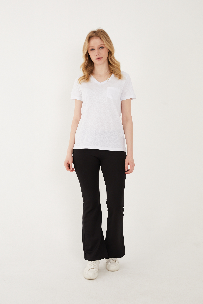 Resim Viole&More 1001 Flamlı Cepli V Yaka Kadın T-shirt
