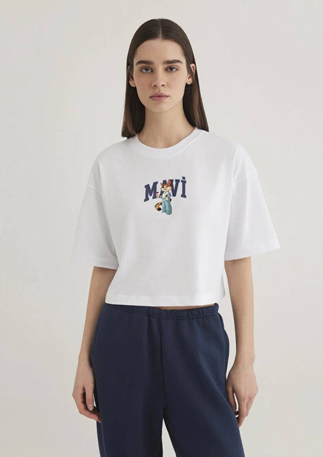 Resim Mavi Kedi Logo Baskılı Kadın T-Shirt M1613284-620