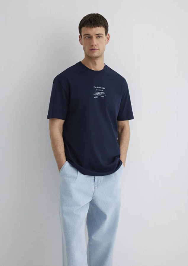 Resim Mavi Erkek Mavi Baskılı T-Shirt M0612796-70490