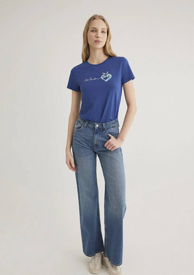 Resim Mavi Bisiklet Baskılı Grafik Kadın T-Shirt M1612961-70899