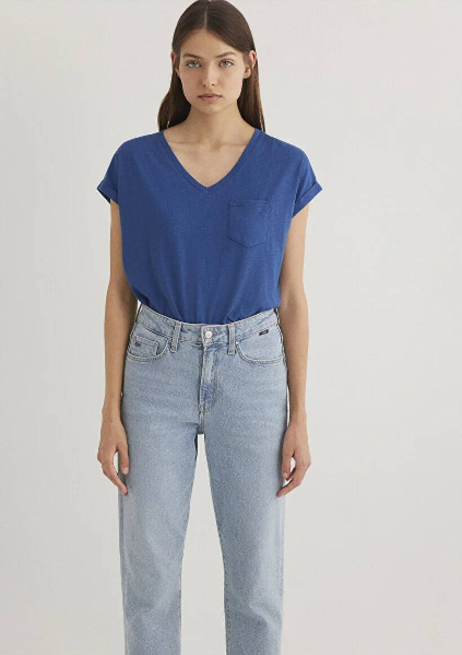 Resim Mavi V Yaka Basıc Kadın T-Shirt M1600961-30808