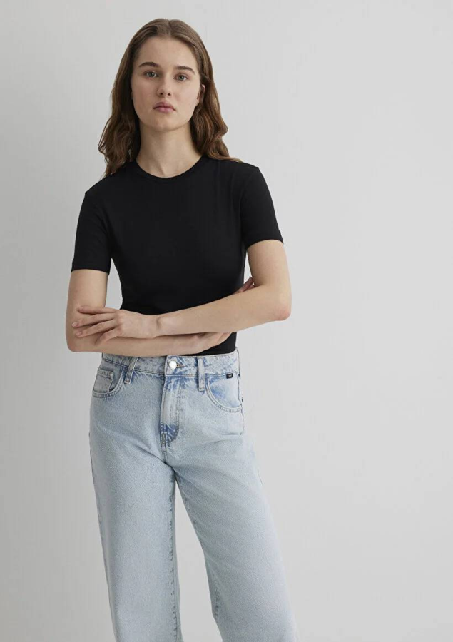 Resim Mavi Yuvarlak Yaka Basıc Kadın T-Shirt M1600963-900