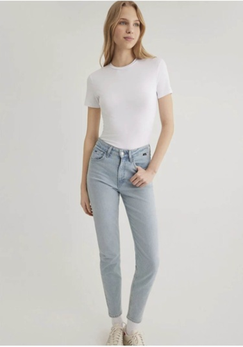 Resim Mavi Yuvarlak Yaka Basıc Kadın T-Shirt M1600963-620
