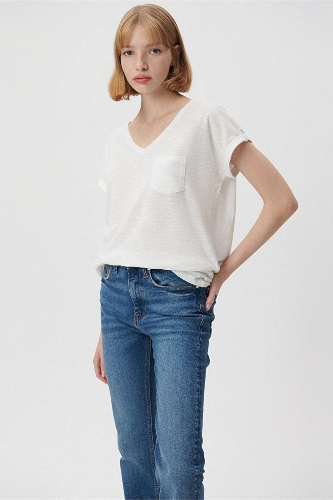 Resim Mavi V Yaka Basıc Kadın T-Shirt M1600961-620