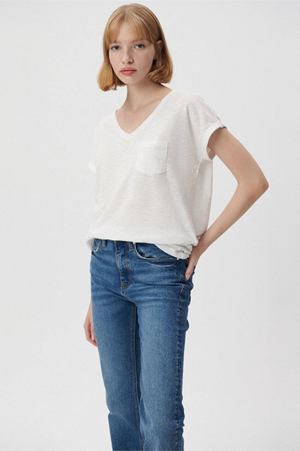 Resim Mavi V Yaka Basıc Kadın T-Shirt M1600961-620