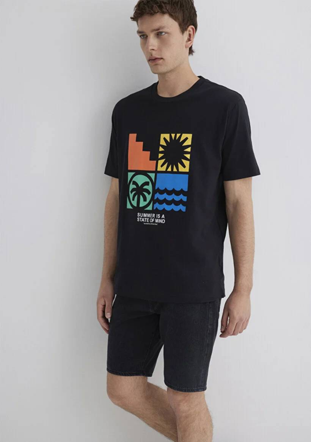 Resim Mavi Loose Erkek  T-shirt M0612611-900