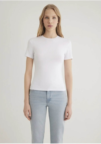 Resim Mavi Yuvarlak Yaka Basıc Kadın T-Shirt M1600963-620