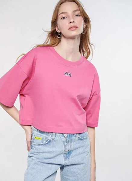Resim Mavi Yuvarlak Yaka Kısa Kollu Penye Tişört Me Kadın T-Shirt M1611585-84670
