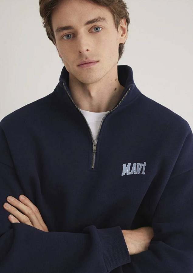 Resim Mavi Yarım Fermuarlı Erkek Sweat M0S10208-70497