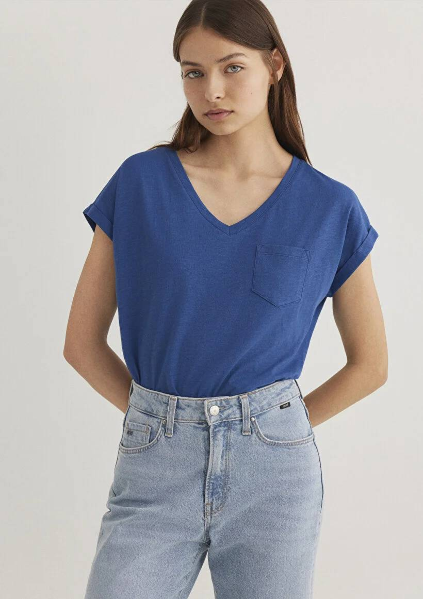 Resim Mavi V Yaka Basıc Kadın T-Shirt M1600961-30808