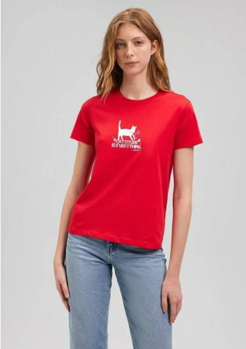 Resim Mavi Kedi Baskılı Grafik Kadın T-Shirt M1612940-82054