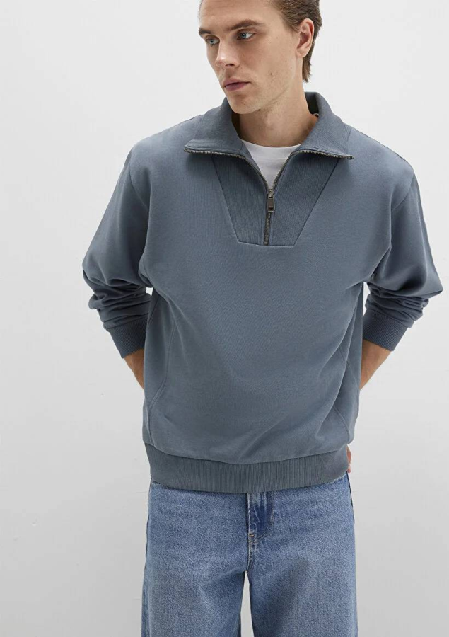 Resim Mavi Yarım Fermuarlı Erkek Sweat M0S10368-80889