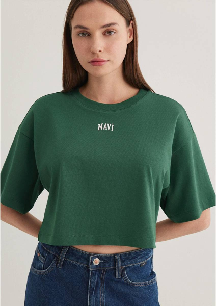 Resim Mavi Yuvarlak Yaka Kısa Kollu Penye Tişört Zü Kadın T-Shirt M1611585-71874