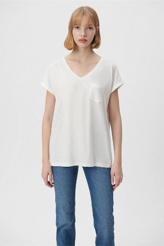 Resim Mavi V Yaka Basıc Kadın T-Shirt M1600961-620