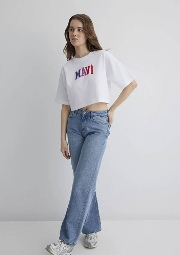 Resim Mavi Crop Kadın  T-shirt M1612516-620