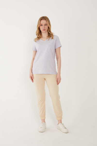 Resim Viole&More 1001 Flamlı Cepli V Yaka Kadın T-shirt