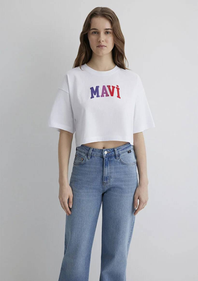 Resim Mavi Crop Kadın  T-shirt M1612516-620